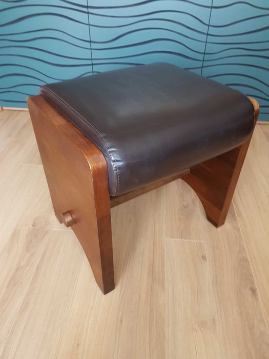 Taboret podnóżek hocker do toaletki krzesełko drewniane ze skóry fotel