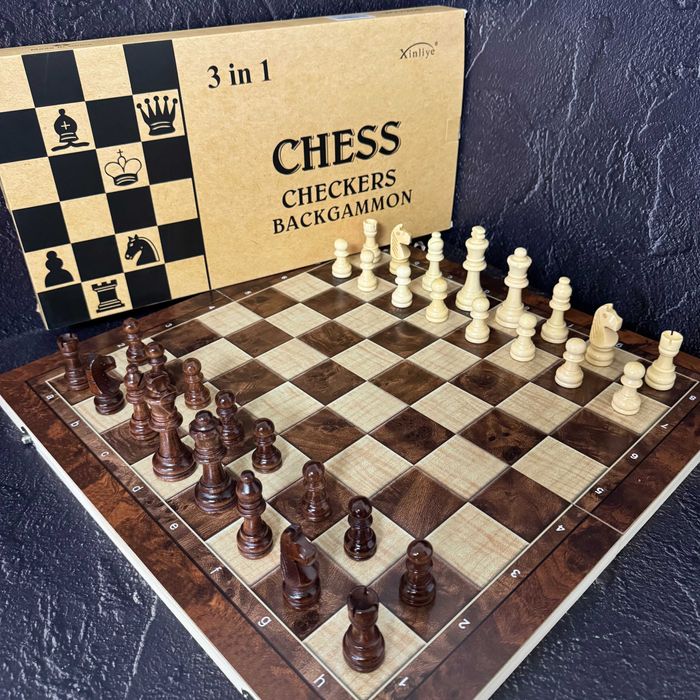 Набор шахматы, шашки, нарды 3 в 1 деревянные 7723 (доска 34x34 см)