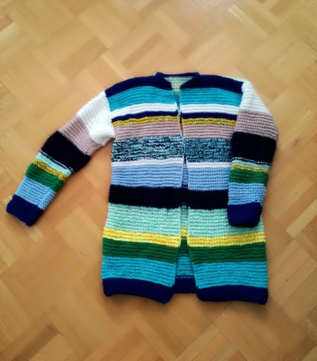 Kolorowy patchworkowy sweter Handmade robiony na drutach M L