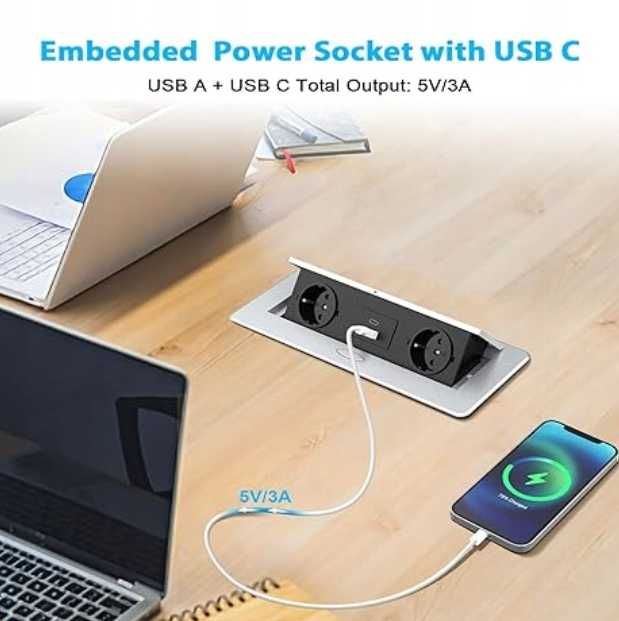 Wpuszczane Gniazdko Elektryczne USB C 20W z 2 Gniazdami do Zabudowy