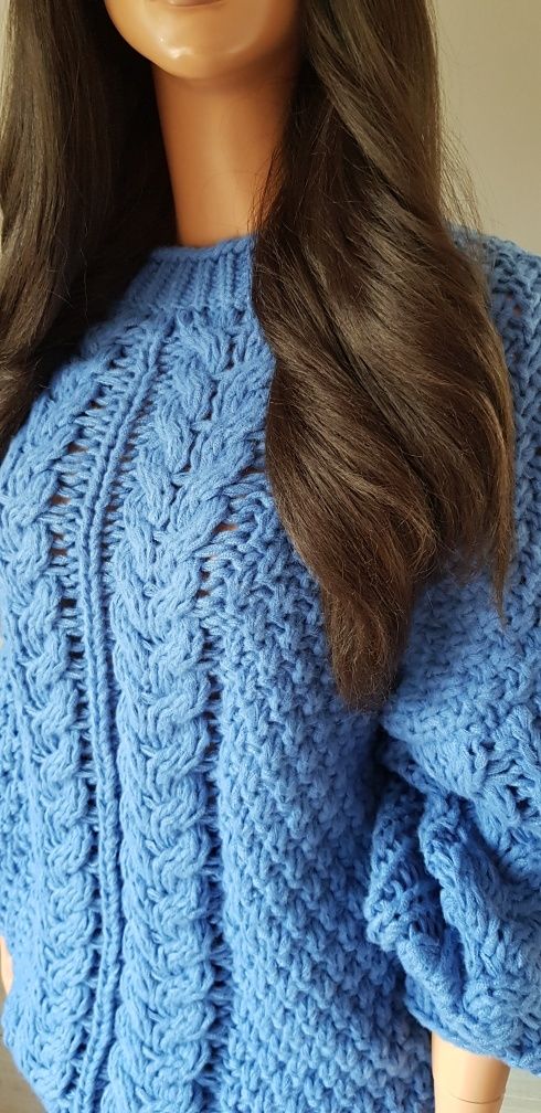 Sweterek warkocz wełna jak na drutach niebieski uni S M L XL