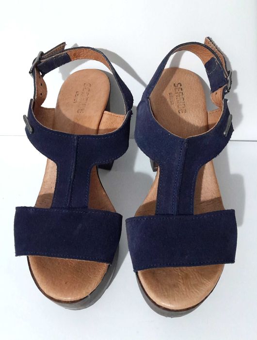 Sandálias azuis compensadas em pele e madeira Seaside nº 36