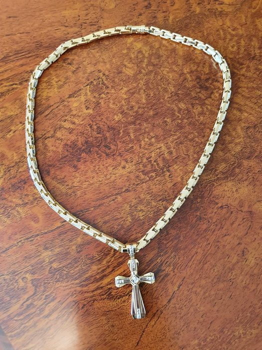 Złoty Łańcuch-127gr+KRZYŻ Z DIAMENTAMI-31szt-Złoty łańcuszek męski 585