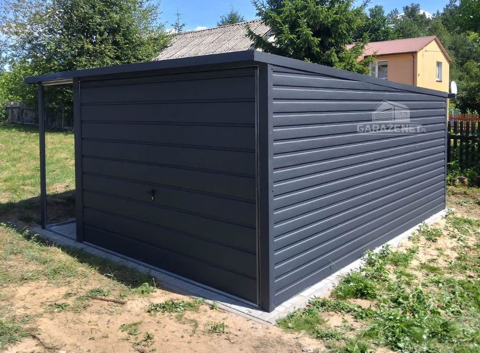 GARAŻ BLASZANY 3m X 5m + Wiata 1M. Brama Uchylna Antracyt 3X5 GB316