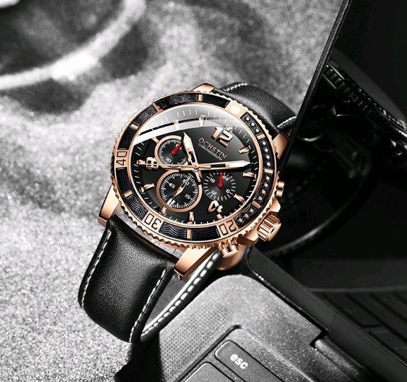 Zegarek męski Ochstin złoty czarny różowe złoto chronograf stoper styl