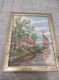 Obraz wyszywany chata rybacka jezioro złota ramka