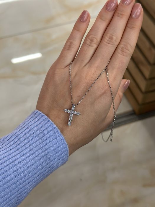 Новий Срібний хрестик під тіффані з муасанітами 3мм та ланцюжком