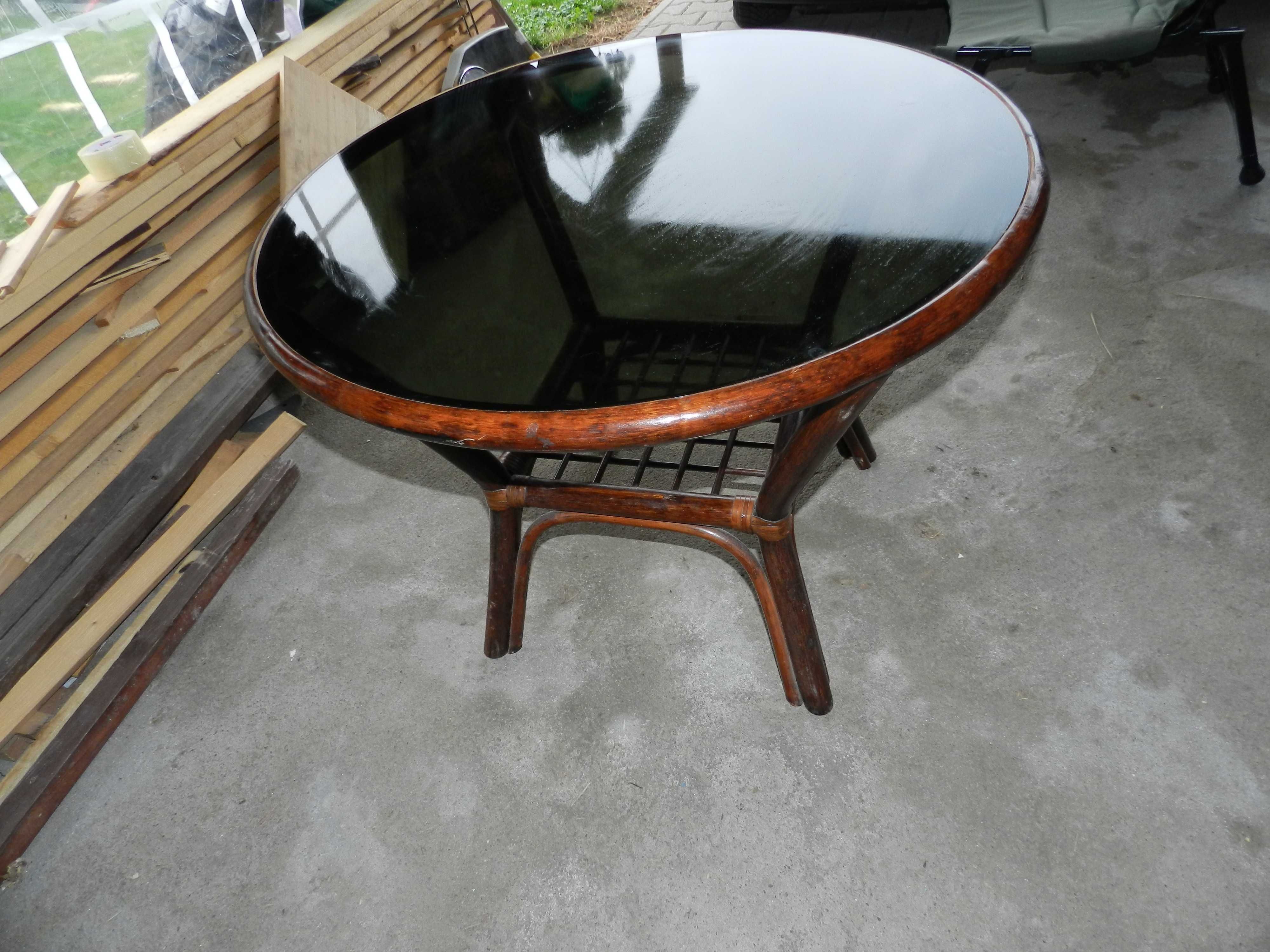 Stolik okrągły ratanowy ze szkłem śred.85 cm,wys.65 cm duży solidny