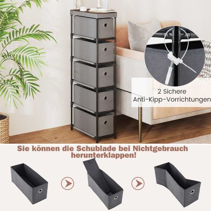 Wąska szafka z 5 szufladami materiałowymi szara 19x40x100cm