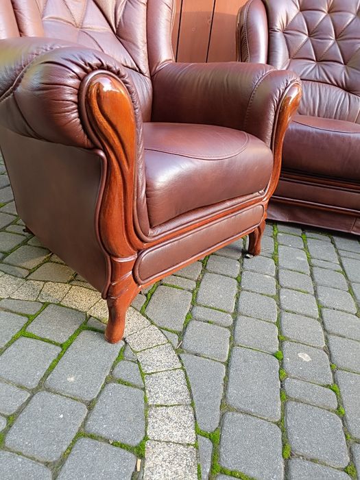 Komplet skórzany 3+1+1, sofa i fotele, styl Ludwikowski, skóra natural