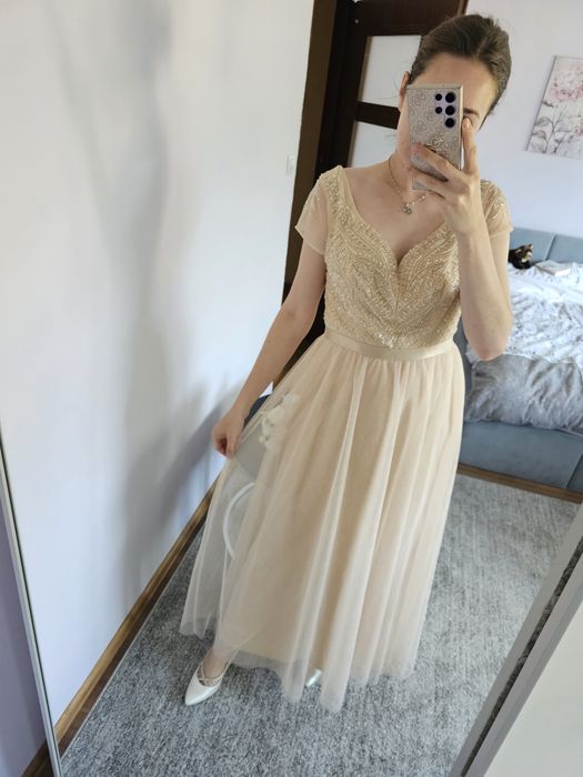 Suknia wieczorowa beżowa zdobiona góra rozmiar L