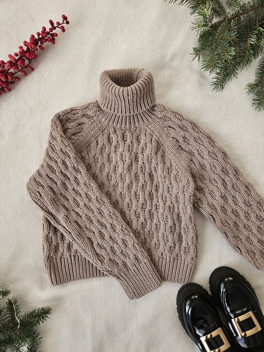 Sweterek typu golf, krótszy, warkoczowy splot H&M rozm XS, wełna