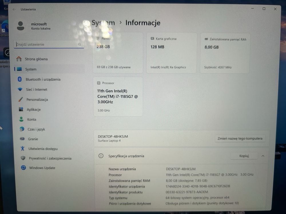 Microsoft Surface Laptop 4 (1979) i7-11gen 8 GB / 128 GB 15” Dotykowy