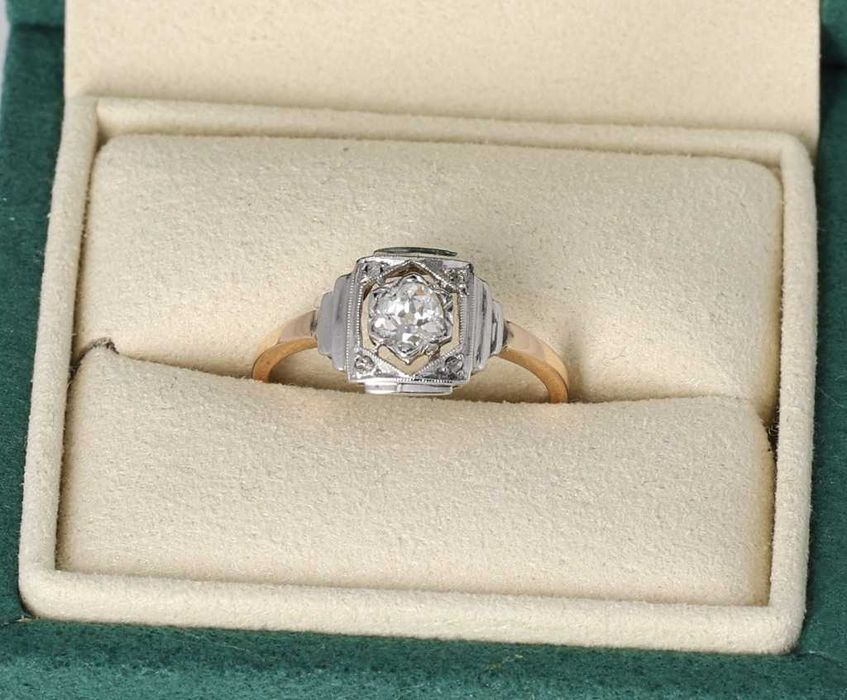 Pierścionek złoto + srebro + 1x diament + 3x rozeta diamentowa