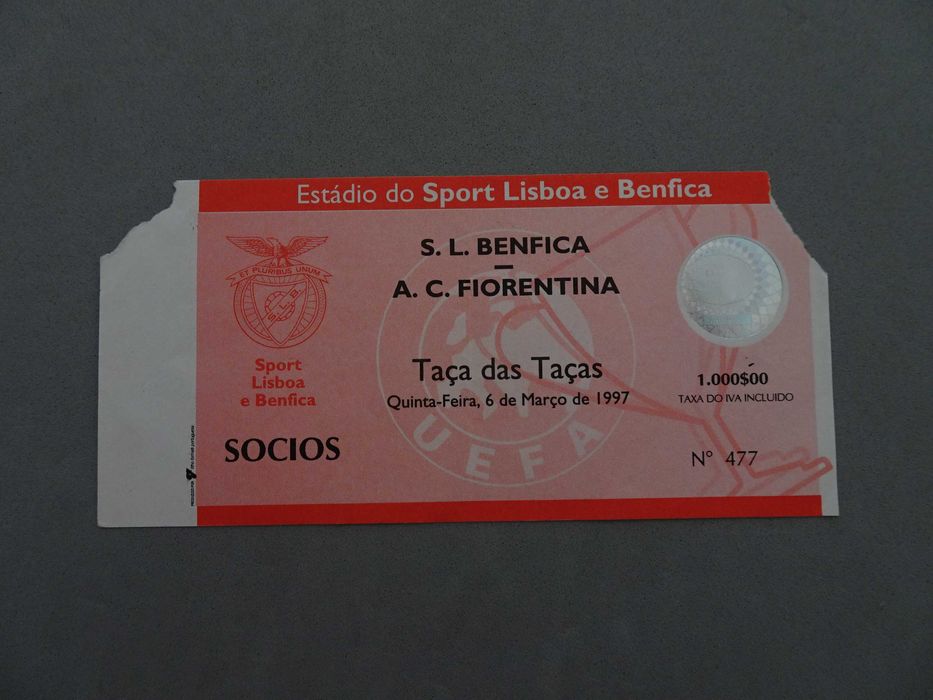 Bilhete futebol Benfica Fiorentina Taça das Taças 6 março 1997