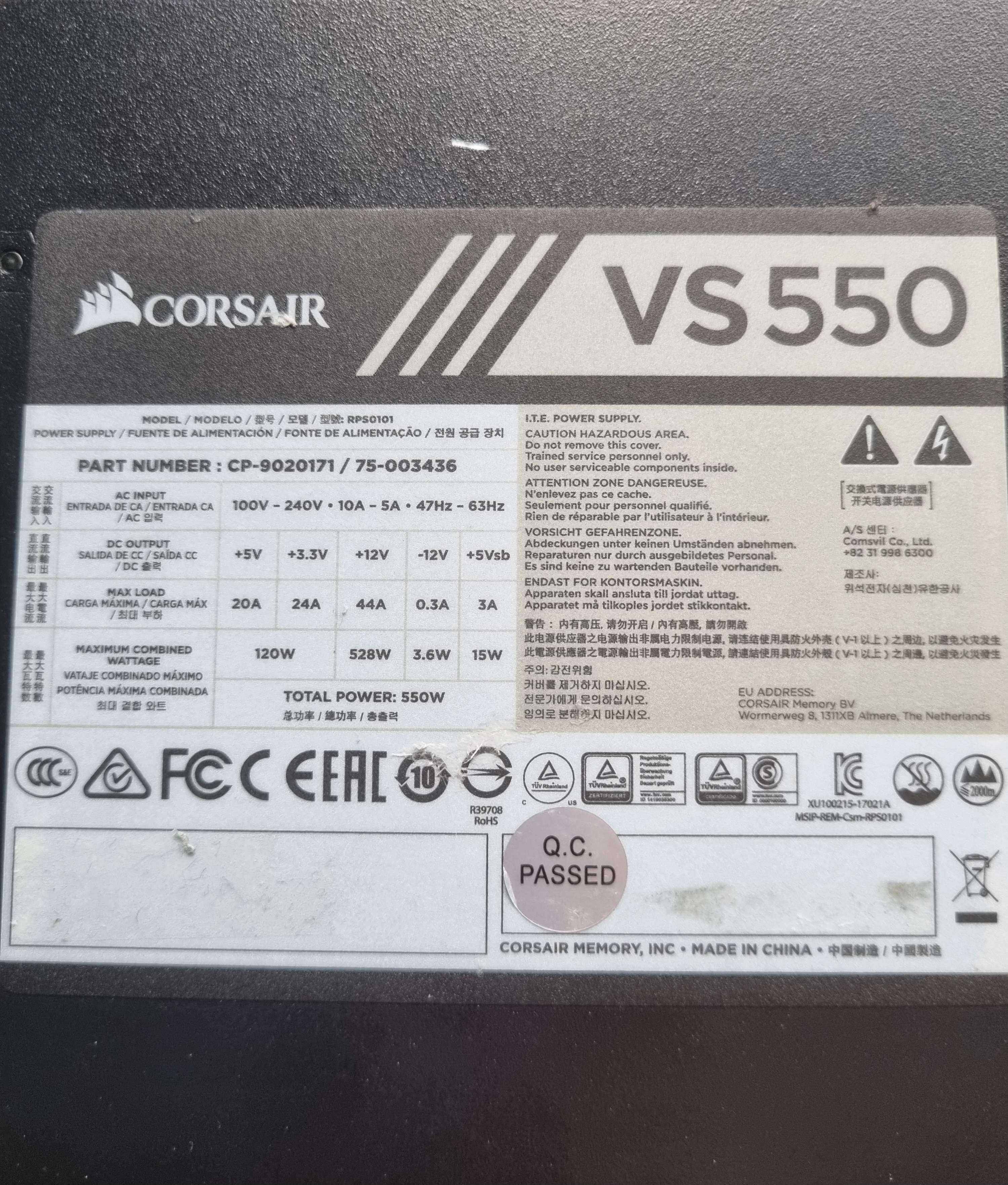 Zasilacz Corsair VS550 550W 80 PLUS (oryginalne pudełko)