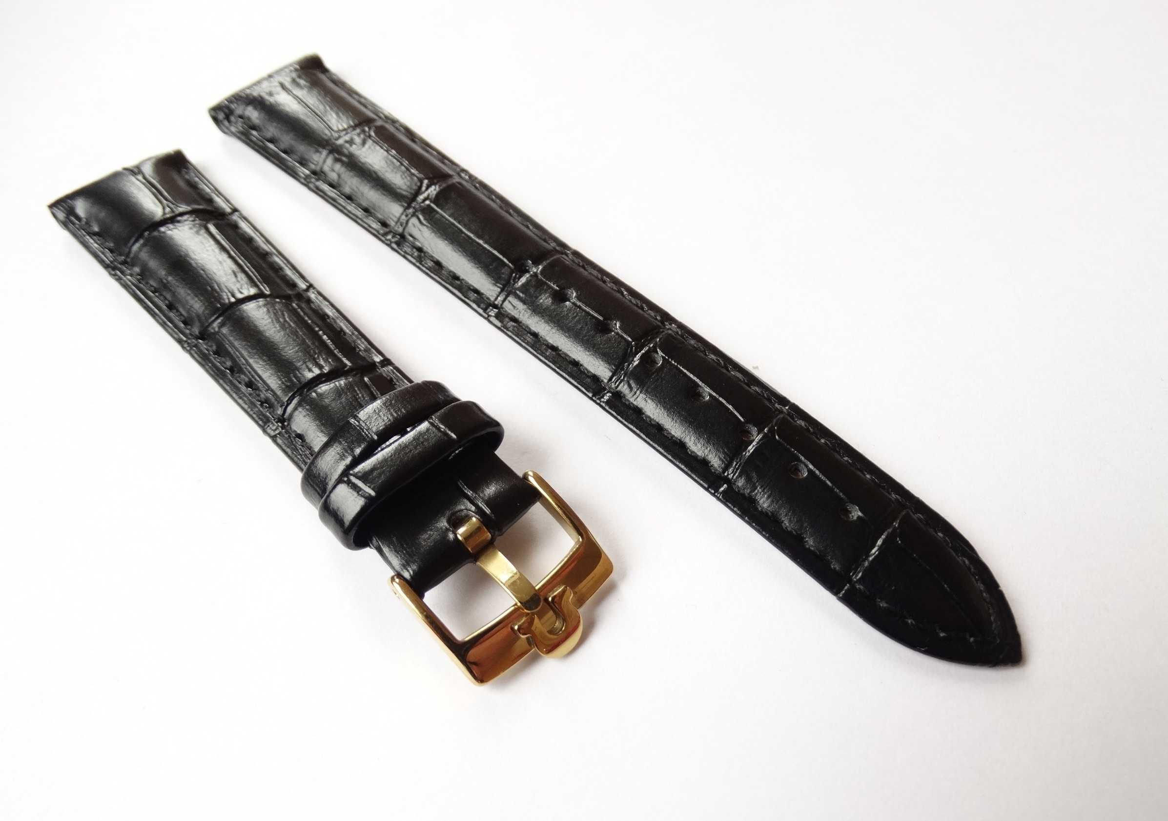 Skórzany czarny pasek 18mm 20mm do zegarka Omega klamra srebrna złota