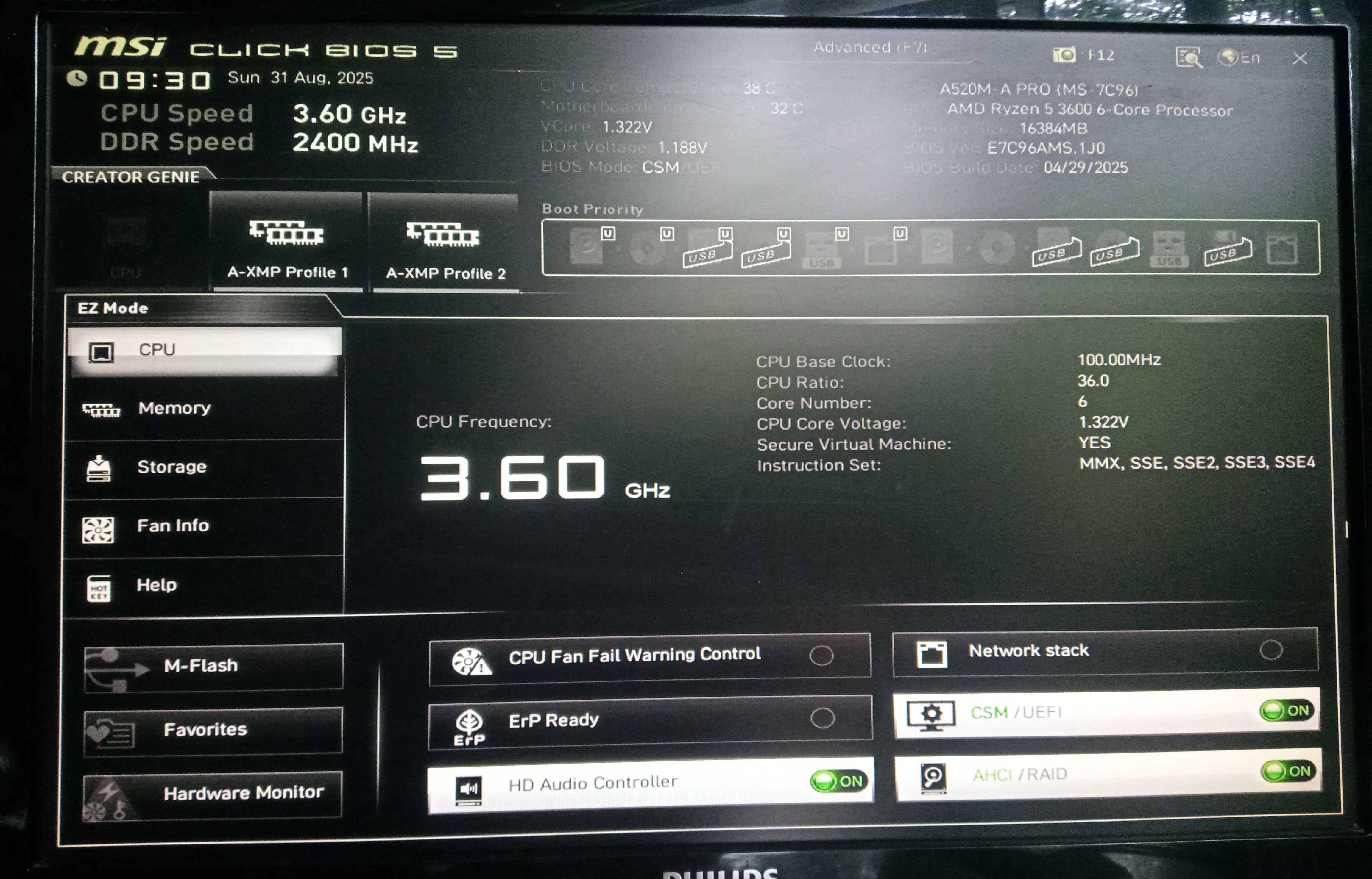 Игровой комплект Ryzen 5 3600 / MSI A520M-A PRO/ AMD DDR4 16Gb