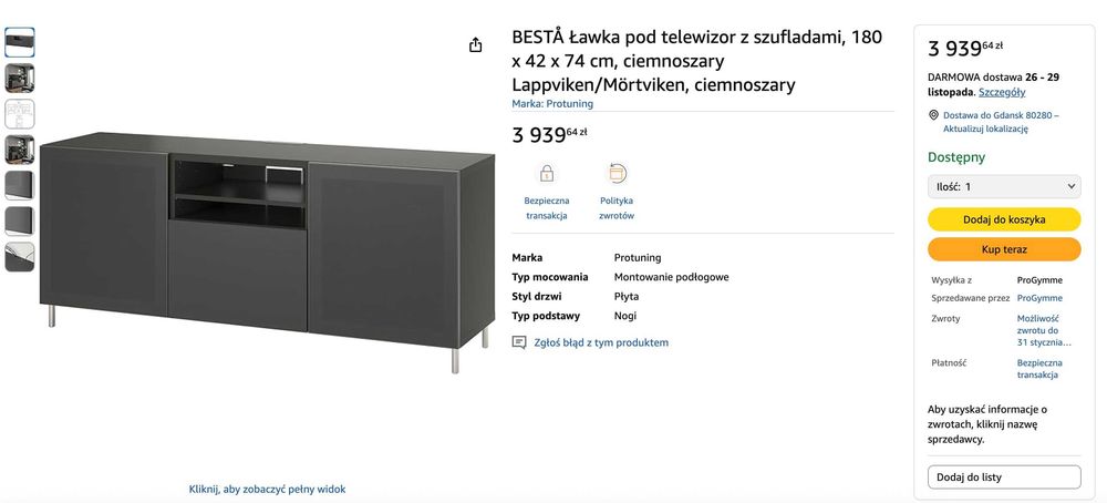 Szafka komoda RTV 180x42x74 grafitowa z szufladą i metalowymi frontami