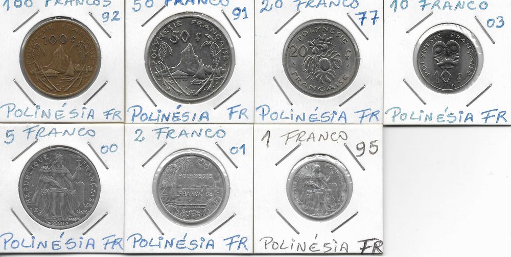 Polinésia Francesa - Coleção de 7 moedas diferentes.