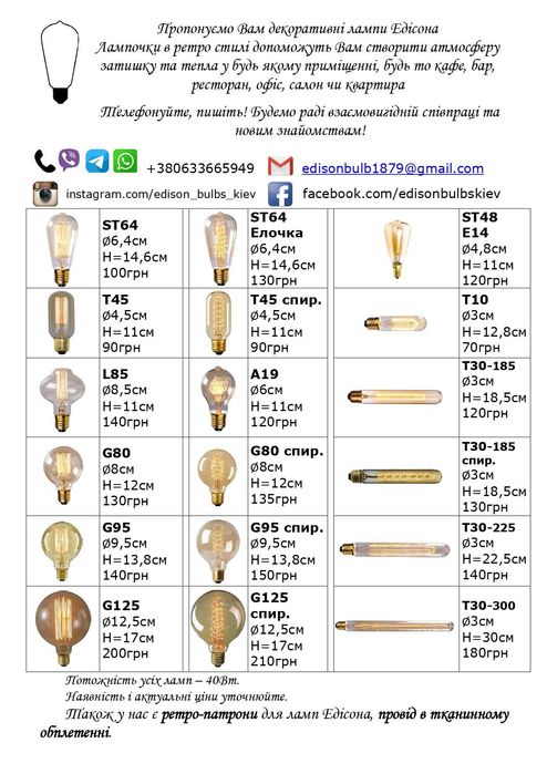Лампа Эдисона ST64 лампа Едісона ST-64 Ретро лампа Винтажная Лампочка