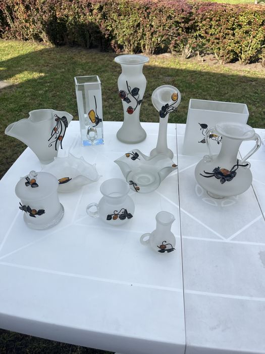 Zestaw szklany z bursztynem i srebrem