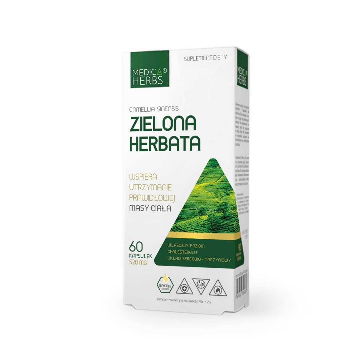 3 opakowania Medica Herbs - Zielona Herbata, 60 kapsułek, 520 mg.