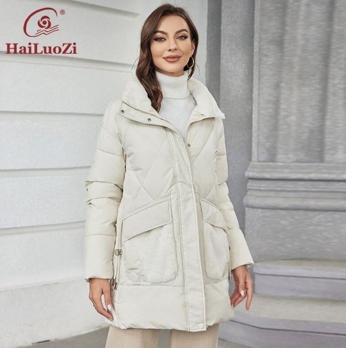 Пуховик пальто Hailuozi куртка пуффер м л 44 розмір молочний до колін