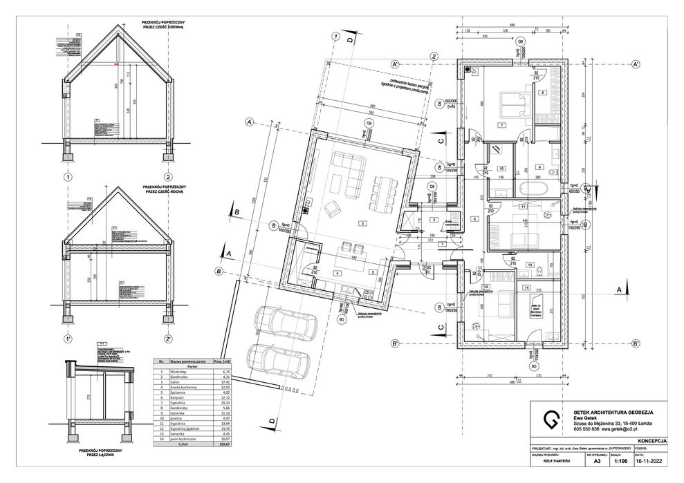 Indywidualny/autorski projekt domu parterowego, 160 m2