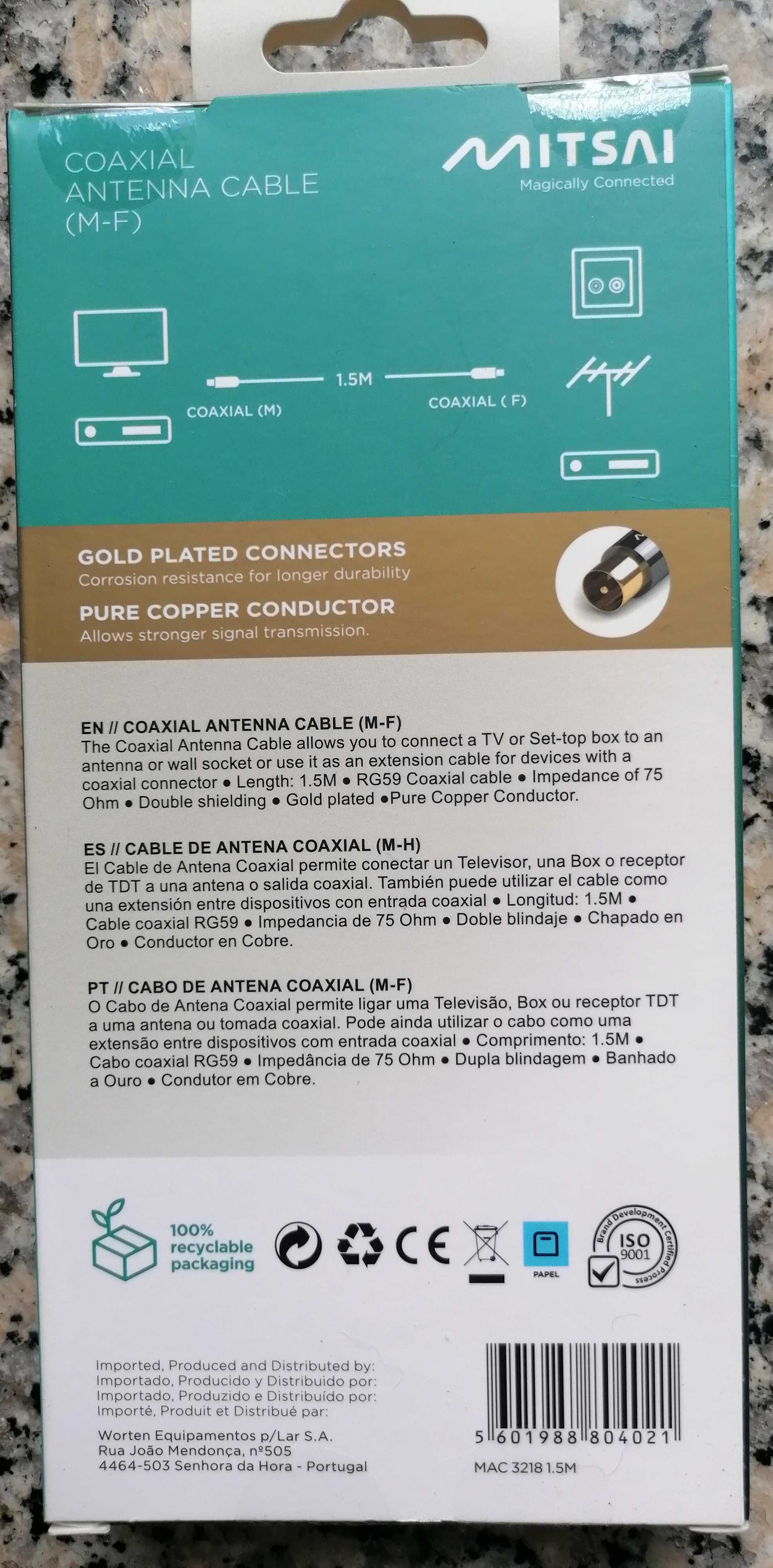 Cabo de antena coaxial banhado a ouro NOVO