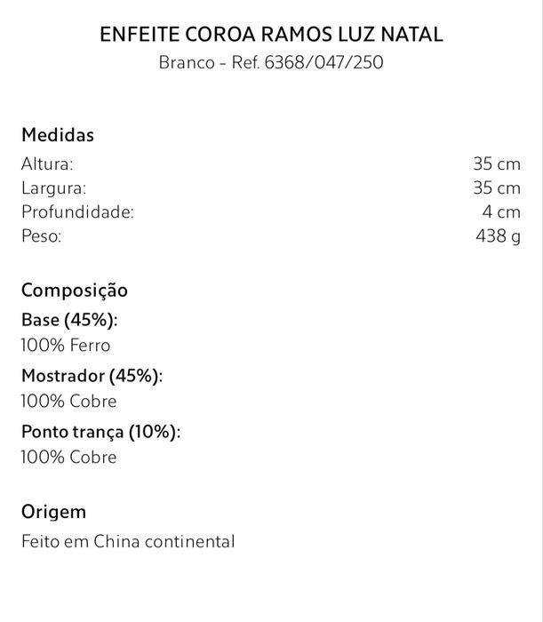 Enfeite Coroa Ramos Luz Natal Zara Home NOVO