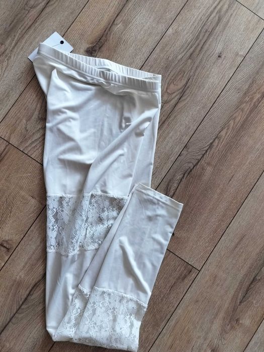 Spodnie legginsy damskie M ekri koronka otulające efektowne getry