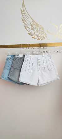 Szorty spodnie damskie jeansowe M Sara wysoki stan z dżetami białe XS