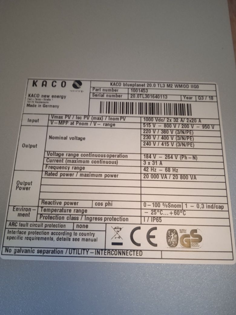 KACO blueplanet 20.0TL3 сетевой солнечный инвертор 20КВт зелёный тариф
