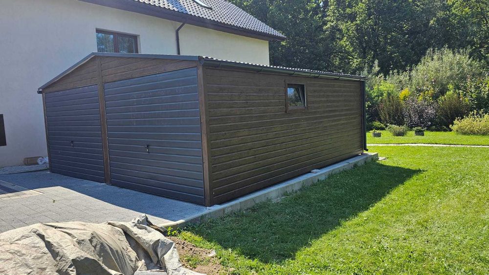 Garaż blaszany 6x5 drewnopodobny dwustanowiskowy dwuspadowy