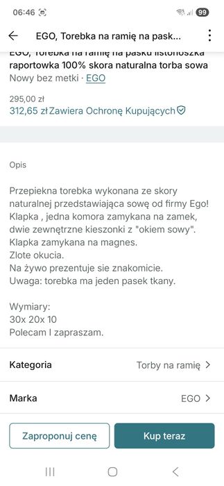 Torebka EGO skóra naturalna Prezent na święta  -Sowa idealna do jesien