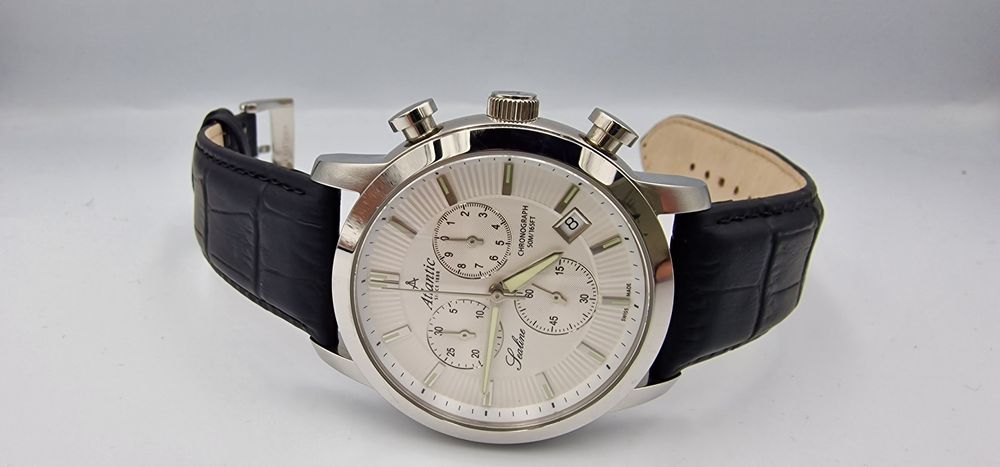 Wielki Atlantic Sealine Chronograph Black&White - szafir - skóra Swiss