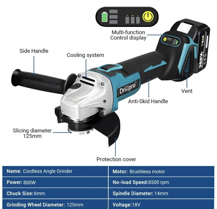 Szlifierka kątowa akumulatorowa 18V 125mm bezszczotkowa 2 akumulatory