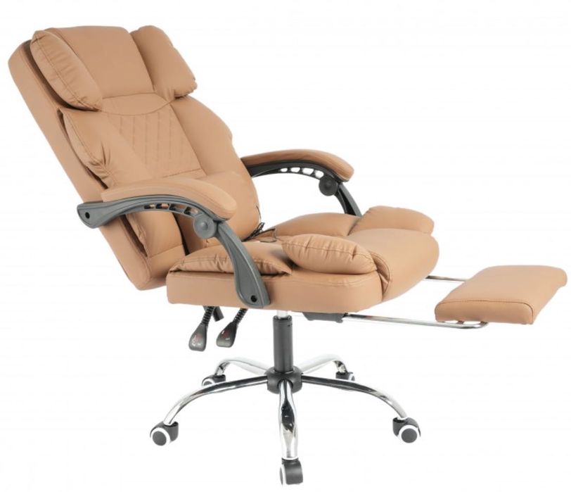 Fotel obrotowy biurowy PRESTIGE masaż USB podnóżek ecoskóra cappuccino