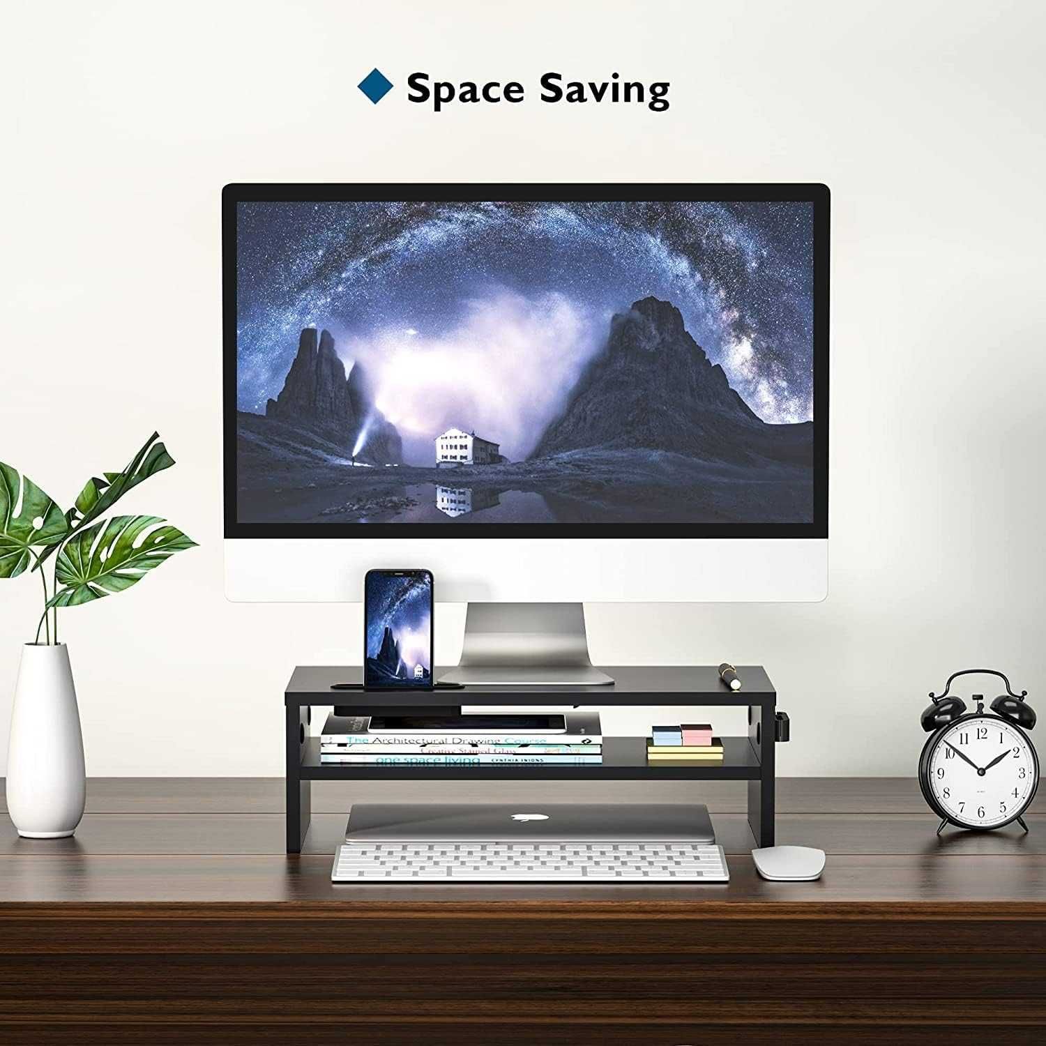 Stojak na monitor czarny mdf półka ergonomiczny uchwyt na smartfon 620