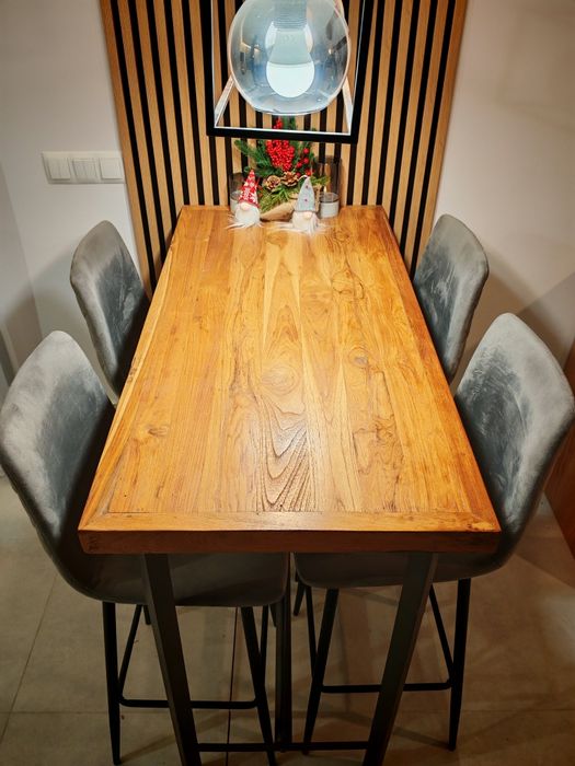 ZESTAW: Stół drewniany wysoki (wyspa) + krzesła hokery lite drewno