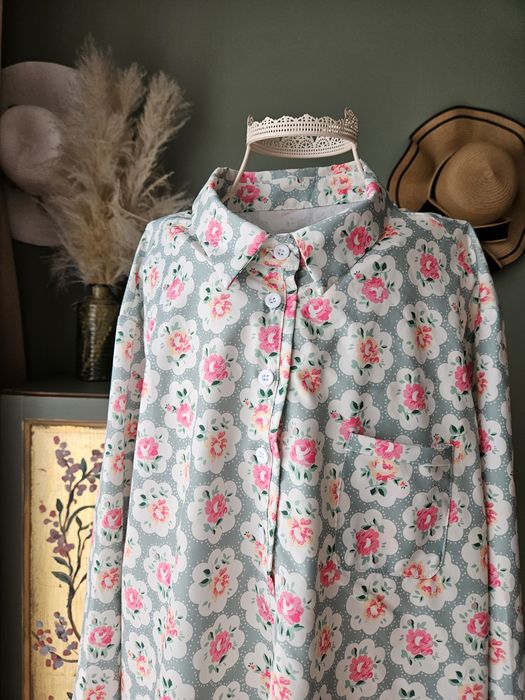 Oversize Koszula damska plus size XXL Mięta Kwiaty Róże Romantyczna Dł