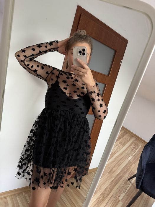 Sukienka damska czarna w gwiazdki tiulowa S/M