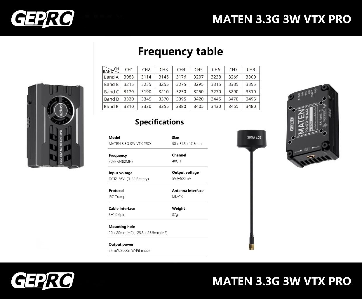 Відеопередавач GEPRC MATEN 3.3G 3W vrx 40CH