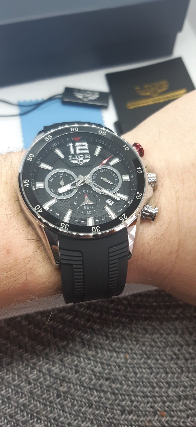 Zegarek na pasku silikonowym, LIGE sportowy z chronografem