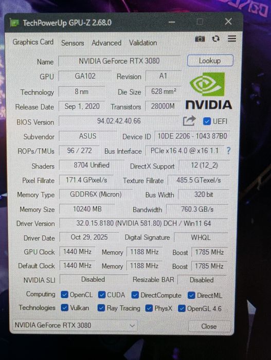 Продаю відеокарту Asus RTX 3080 TUF Gaming 10GB