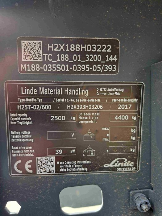 Wózek widłowy Linde H25T EVO, 2,5t, LPG, 2017r, Duplex 3,9m, przesuw b