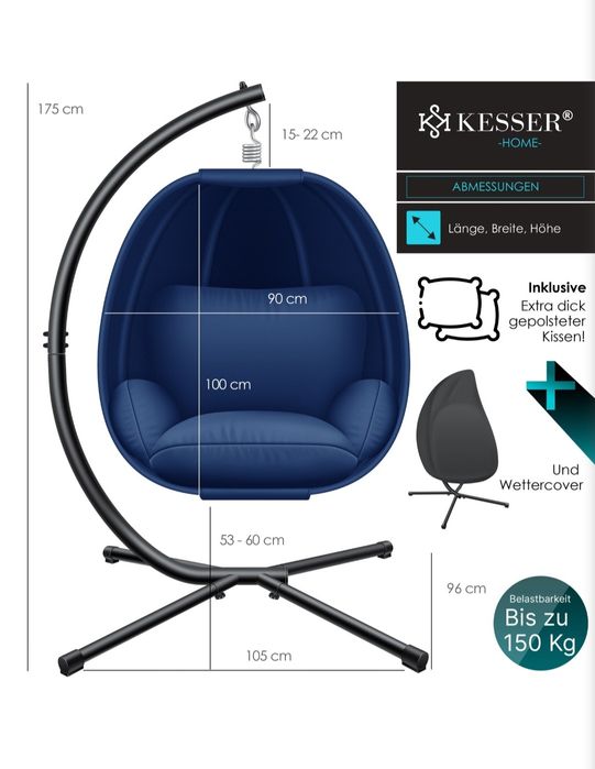 Fotel wiszący ze stelażem 105×105×175 cm, 150 kg, niebieski