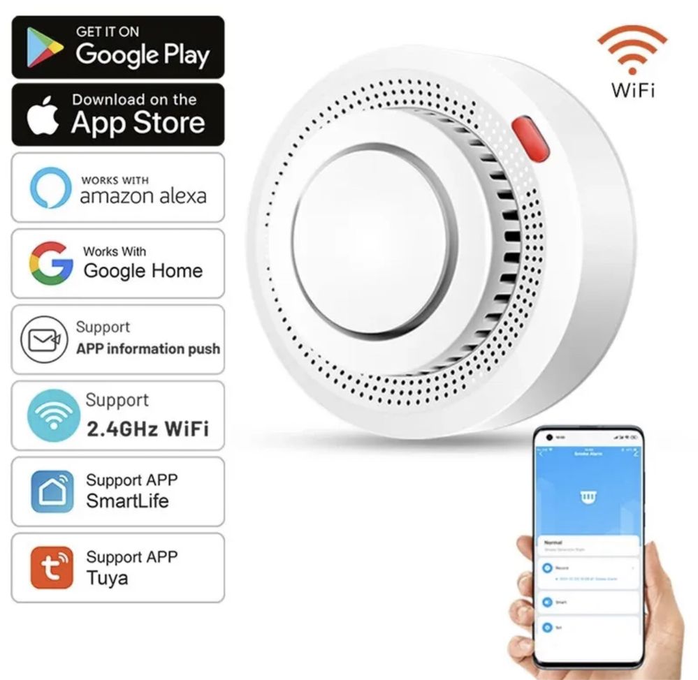 Inteligentny Czujnik Dymu Wifi Aplikacja Alexa Powiadomienia Alarm