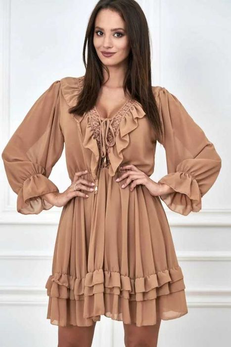 camel sukienka zwiewna uni falbany lato